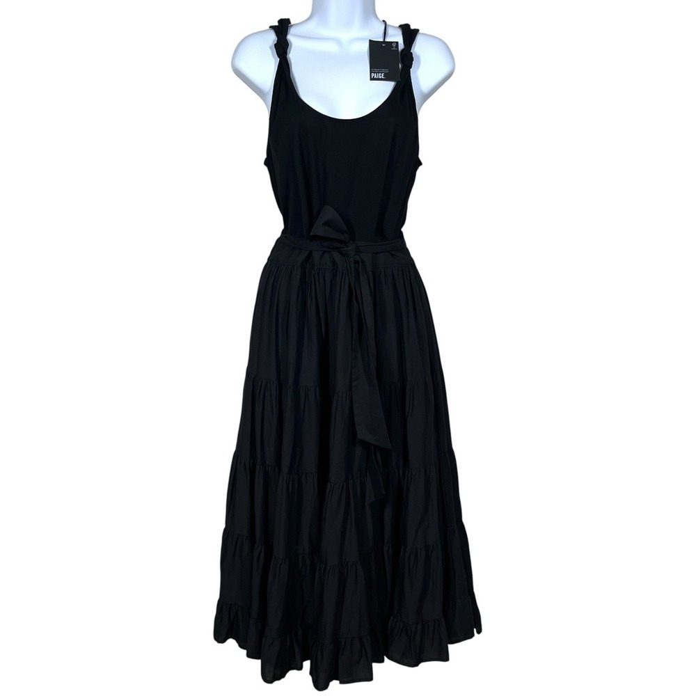 NWT Paige Samosa Ribbed Knit Mixed Media Tiered Midi Dress Size L Black Belted